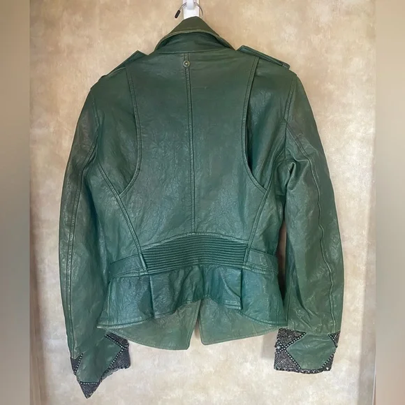 Diesel Distressed Dark Green Leather Premise Beaded Moto Jacket - Picture 2 of 14